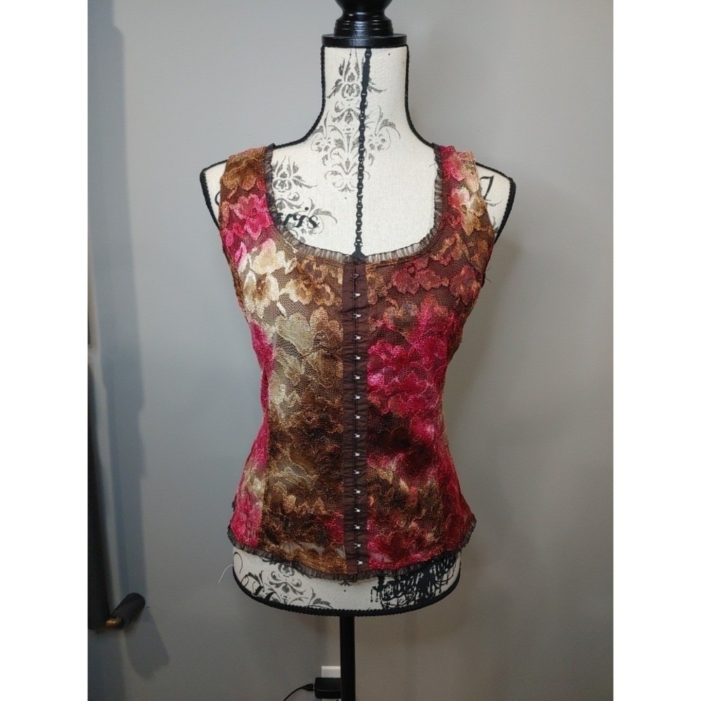 Vtg Fairycore Babydoll Lace Floral Hook Tank Corset Med Top Y2K Coquette Cropped